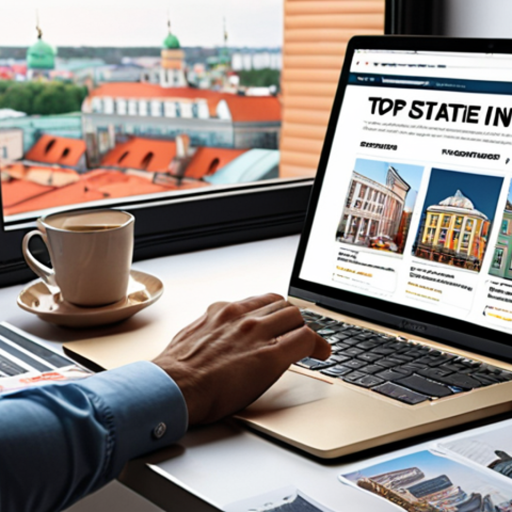 **

A modern, bright workspace with a person enthusiastically typing on a laptop, surrounded by real estate brochures, charts, and a cup of coffee. The laptop screen displays a blog post draft about "Top 5 Real Estate Investment Tips." Consider including a window view of a stylized St. Petersburg cityscape.

**