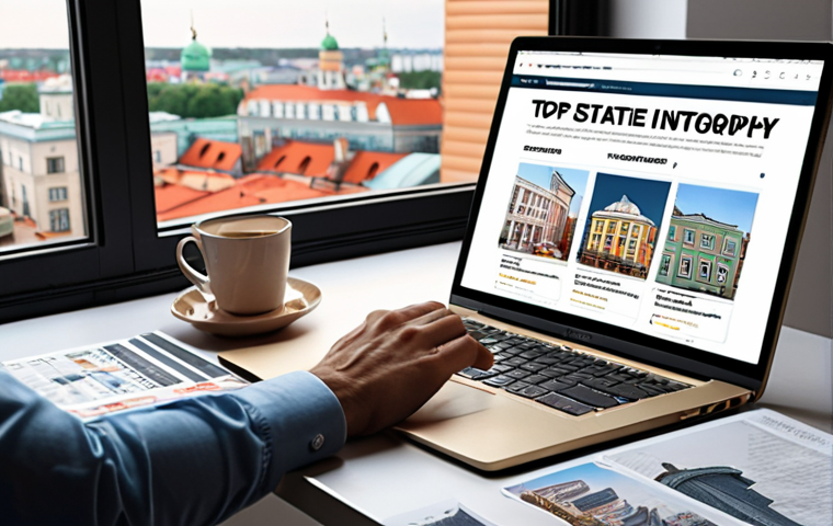 **

A modern, bright workspace with a person enthusiastically typing on a laptop, surrounded by real estate brochures, charts, and a cup of coffee. The laptop screen displays a blog post draft about "Top 5 Real Estate Investment Tips." Consider including a window view of a stylized St. Petersburg cityscape.

**