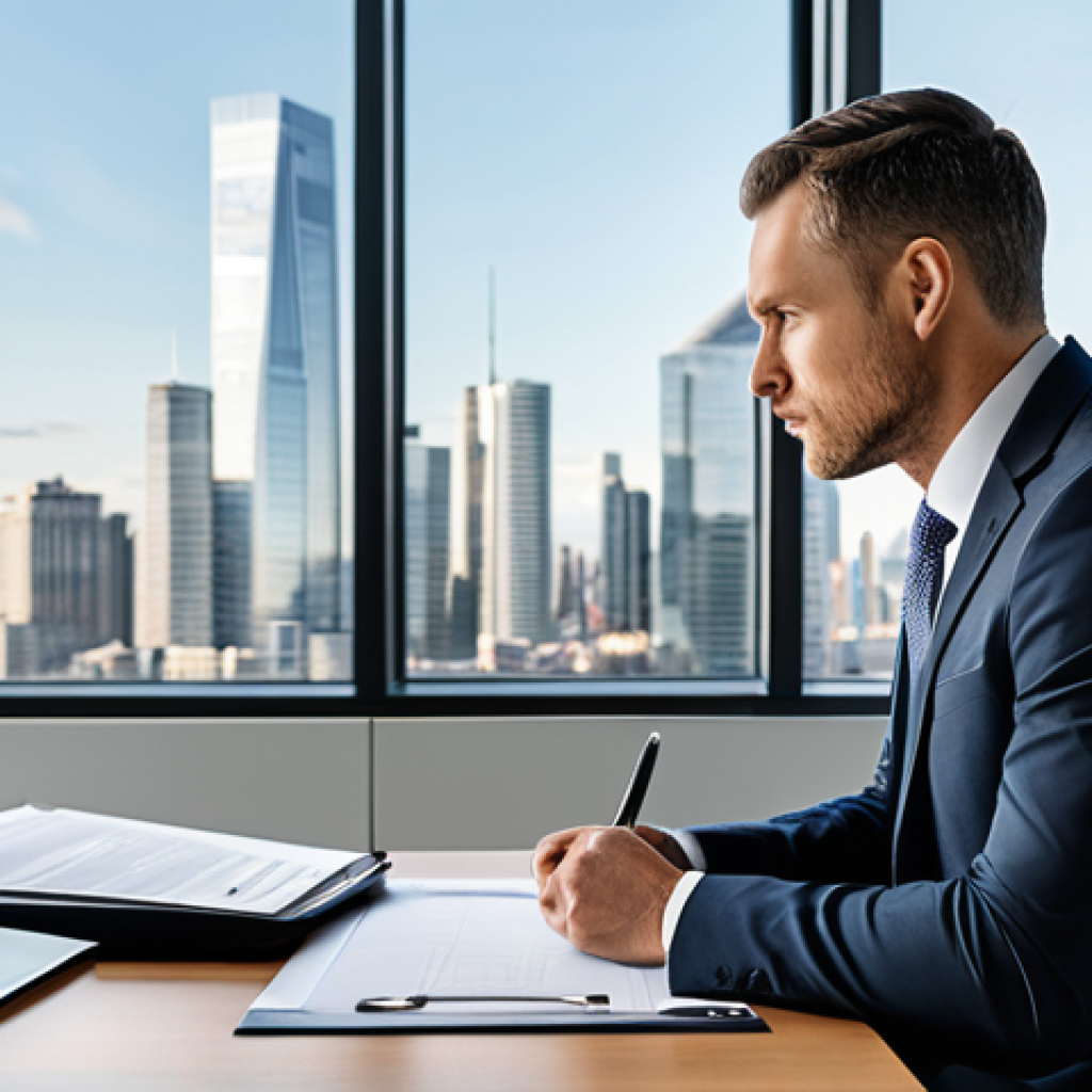 A professional male appraiser, fully clothed in a dark, modest business suit, intently reviewing a valuation report on a sleek desk in a modern, well-lit office. A large window behind him offers a blurred, contemporary city skyline. The scene emphasizes trust, expertise, and detailed financial analysis. Professional dress, appropriate attire, safe for work, appropriate content, perfect anatomy, correct proportions, natural pose, well-formed hands, proper finger count, natural body proportions, high-quality professional photography, realistic, family-friendly.