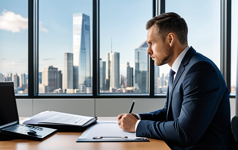 A professional male appraiser, fully clothed in a dark, modest business suit, intently reviewing a valuation report on a sleek desk in a modern, well-lit office. A large window behind him offers a blurred, contemporary city skyline. The scene emphasizes trust, expertise, and detailed financial analysis. Professional dress, appropriate attire, safe for work, appropriate content, perfect anatomy, correct proportions, natural pose, well-formed hands, proper finger count, natural body proportions, high-quality professional photography, realistic, family-friendly.