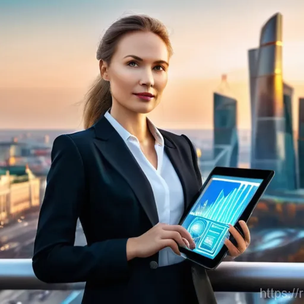 감정평가사 취업시장 동향 - **Prompt:** A dynamic, confident female Russian appraiser, in her mid-30s, dressed in a sharp, moder...