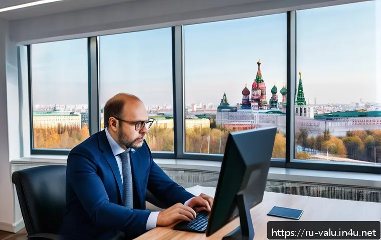 감정평가사로서 경력을 쌓는 방법 - A professional real estate appraiser at work in a modern Russian office, surrounded by dual computer...