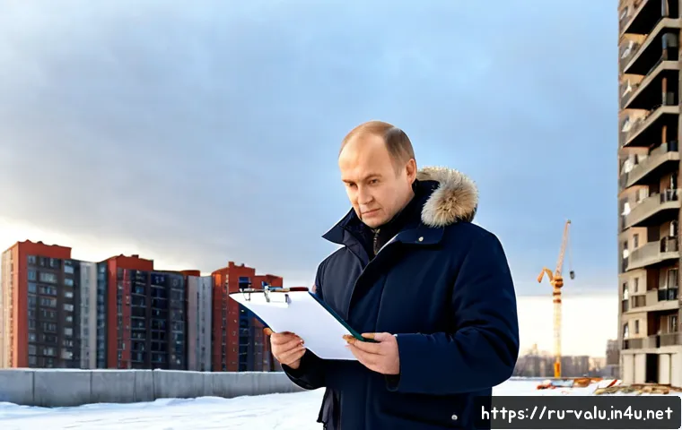 Home 17 감정평가사의 재개발 프로젝트 참여 - Photorealistic real estate appraiser in a modern winter coat reviewing a redevelopment site in a Rus...